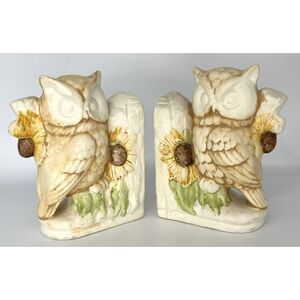 Vintage Pair‎ of Yellow Ceramic Owl & Sunflower Bookends Japan